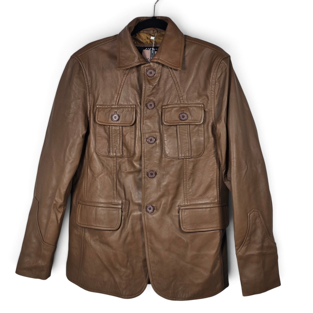 Jild Jacket Womens Medium Field Safari Brown 100% Real Leather Button Front NEW